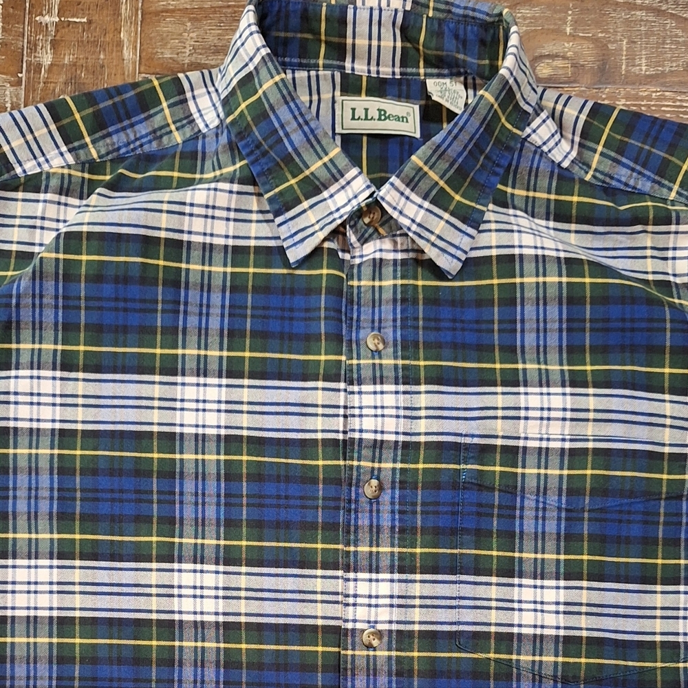LL Bean Mens XXL Shirt Blue Plaid Long Sleeve Button Down 100% Cotton 2XL